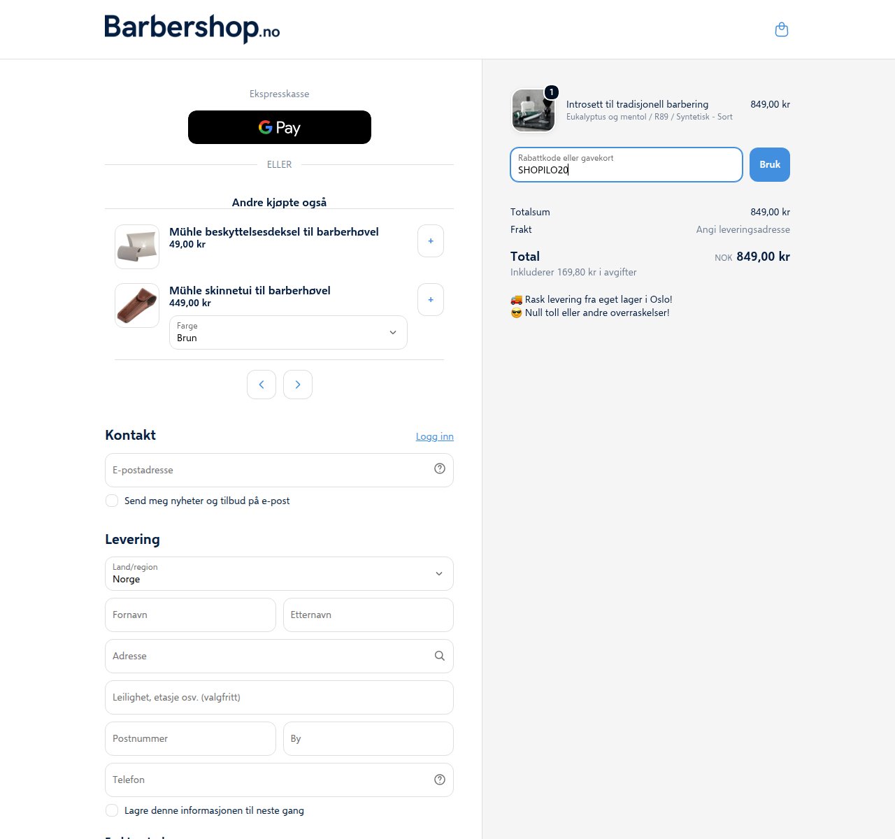 Where to enter the discount code on the Barbershop.no website