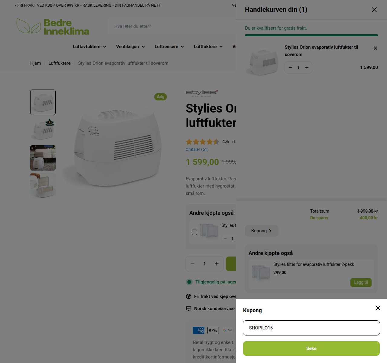 Where to enter the discount code on the Bedre Inneklima website