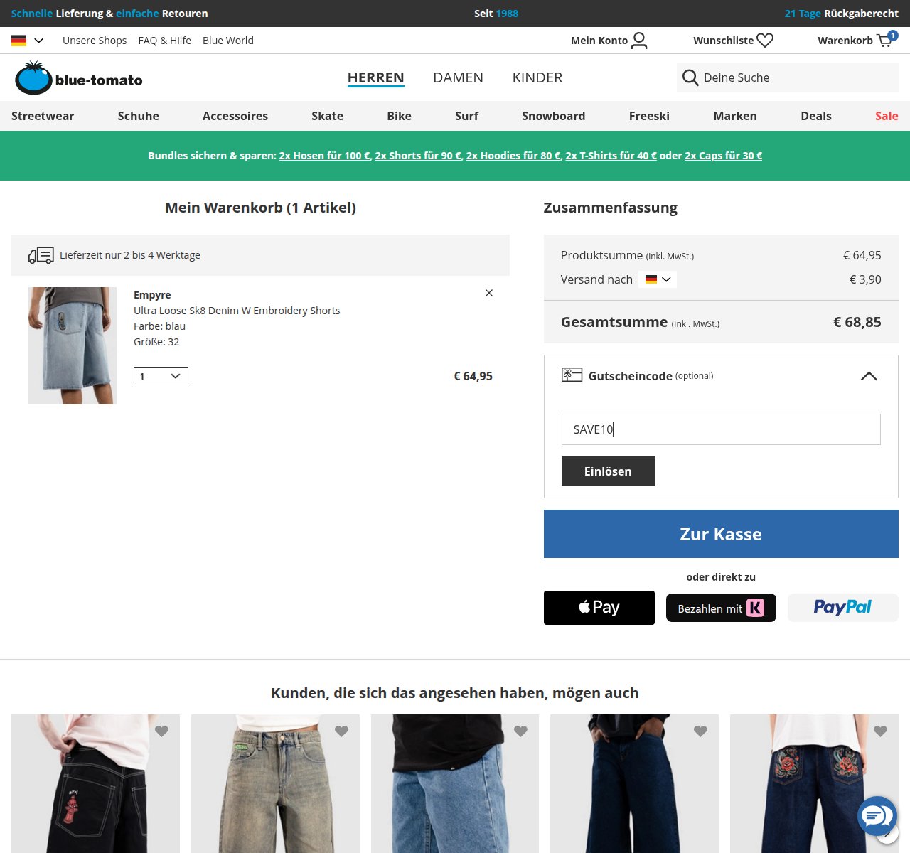 Waar je de kortingscode invoert op de Blue Tomato-website