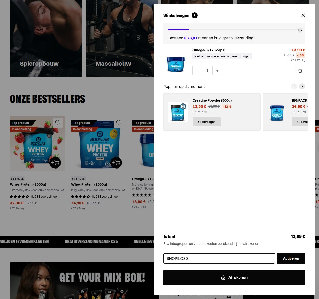 Waar je de kortingscode invoert op de Bodylab-website