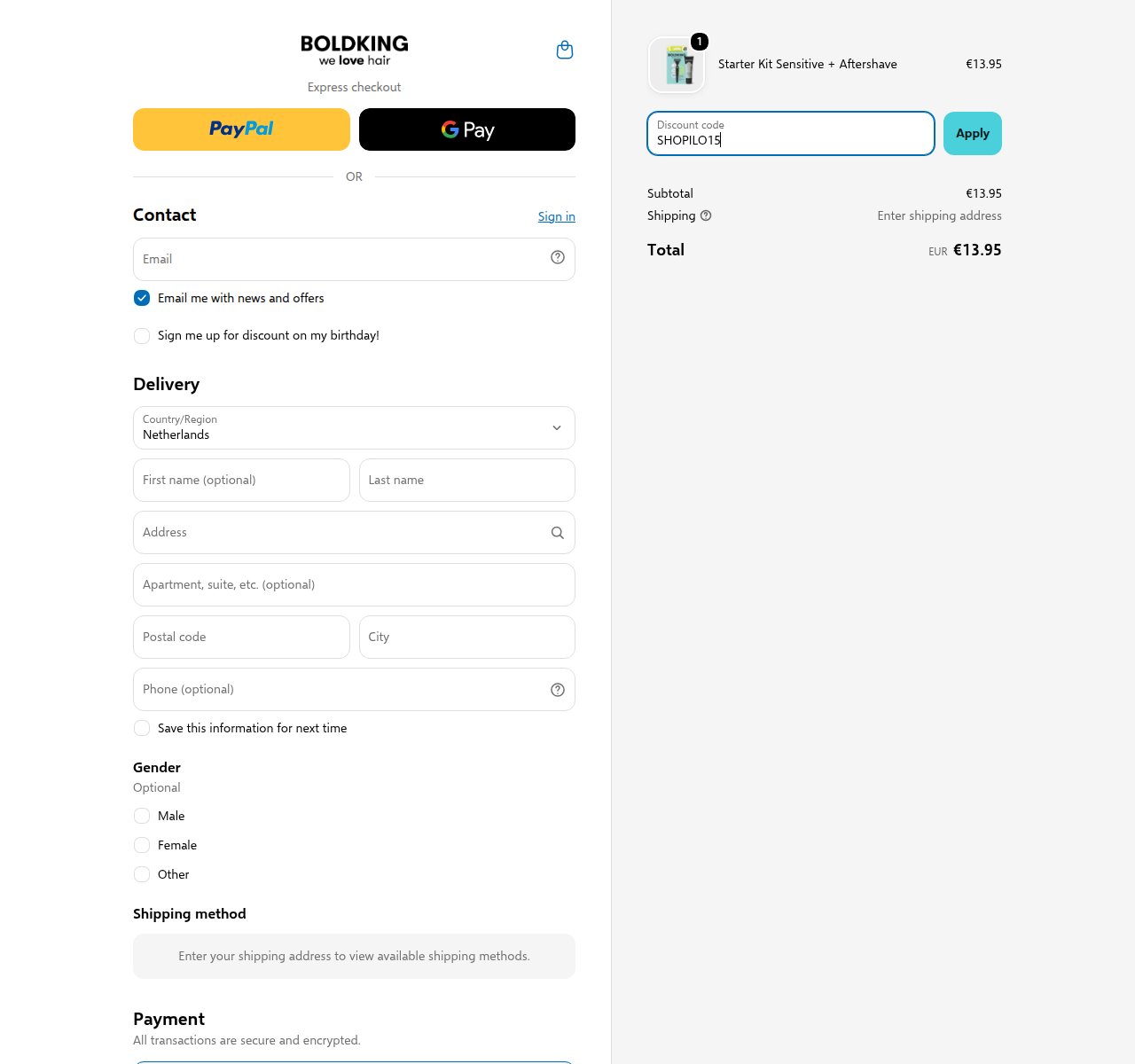 Waar je de kortingscode invoert op de Boldking-website