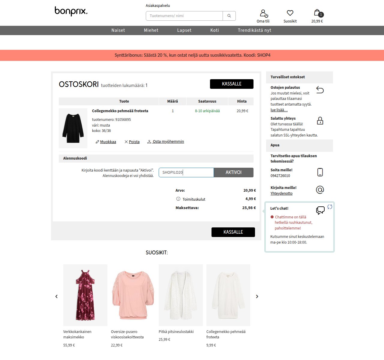 Mihin alennuskoodi syötetään Bonprix-sivustolla