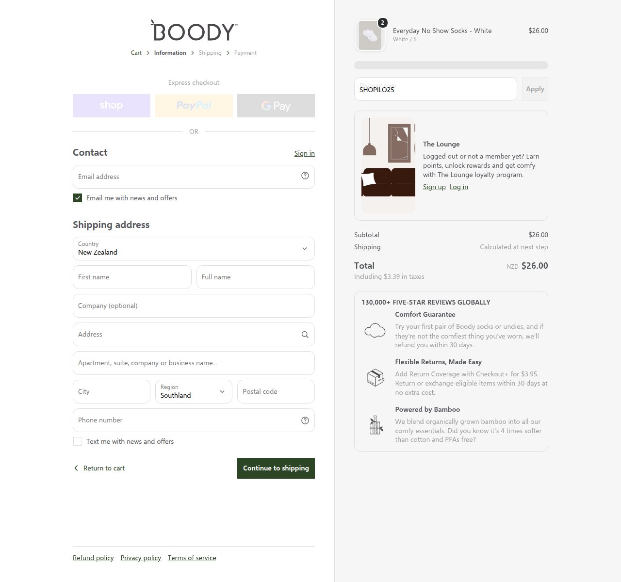 Where to enter the discount code on the Boody website