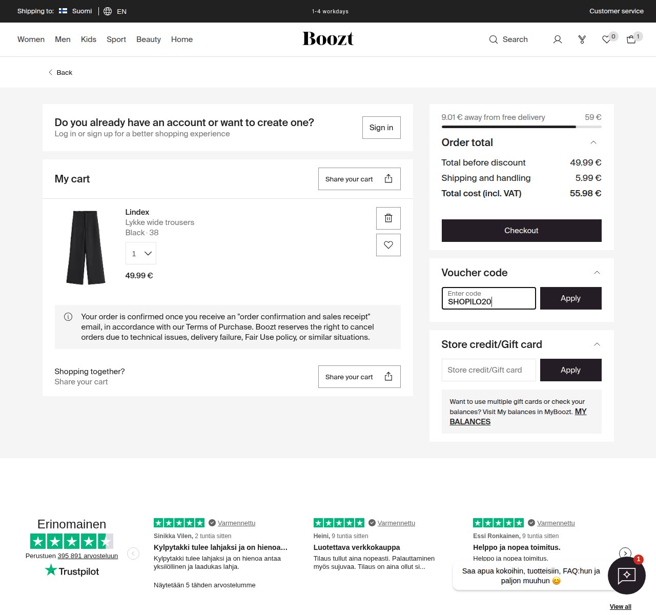 Mihin alennuskoodi syötetään Boozt-sivustolla
