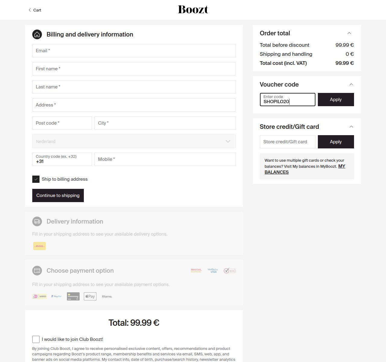 Waar je de kortingscode invoert op de Boozt-website