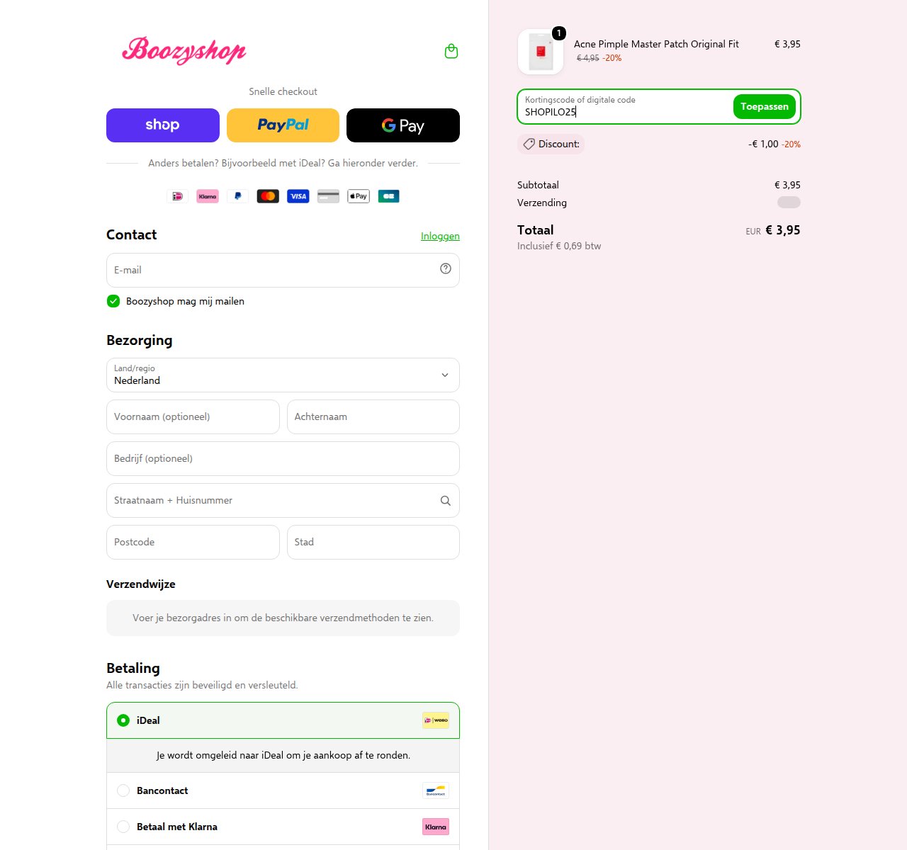 Waar je de kortingscode invoert op de Boozyshop-website