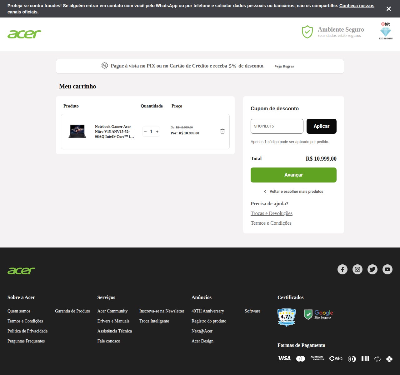Onde inserir o código de desconto no site da Acer