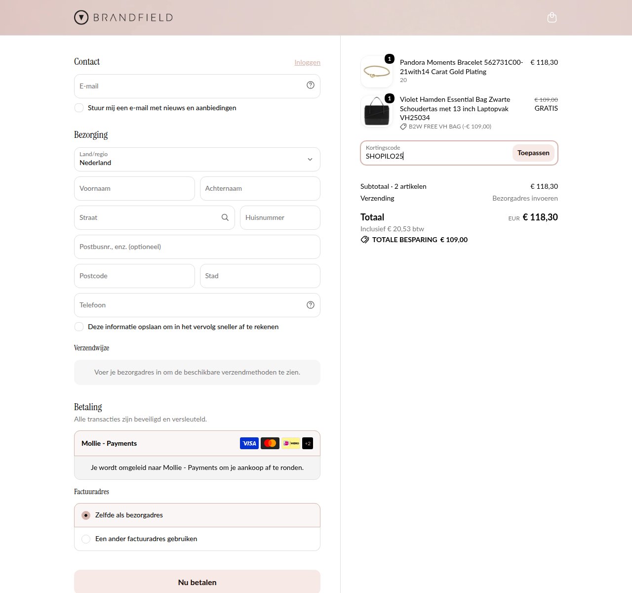 Waar je de kortingscode invoert op de Brandfield-website
