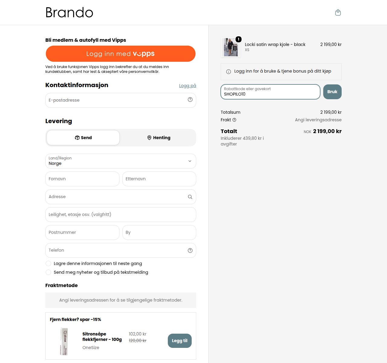 Where to enter the discount code on the Brando website