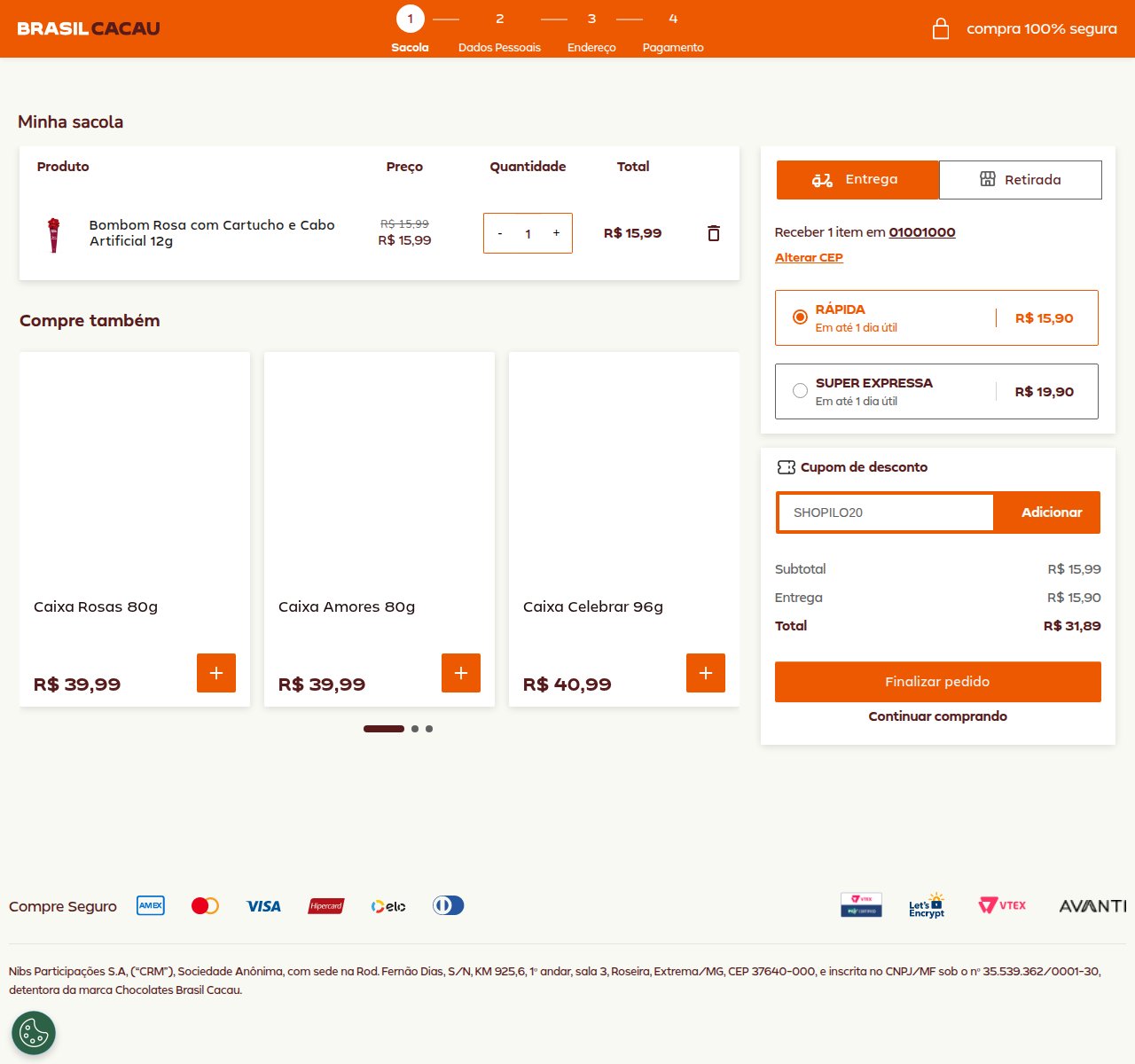 Onde inserir o código de desconto no site da Brasil Cacau