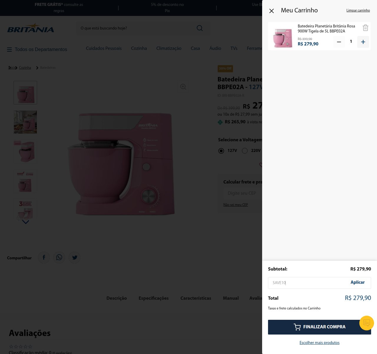 Onde inserir o código de desconto no site da Britania