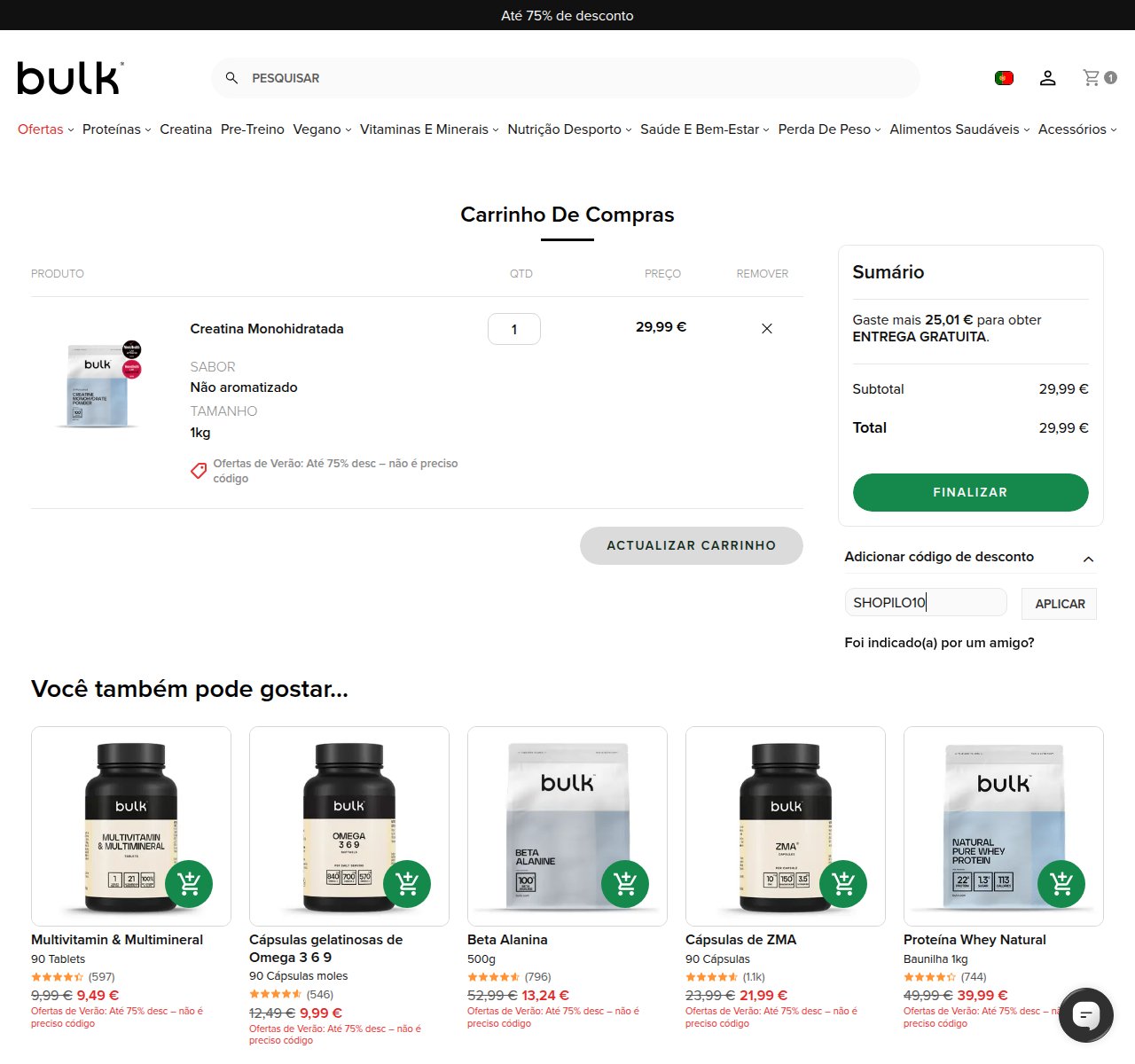 Onde inserir o código de desconto no site da Bulk