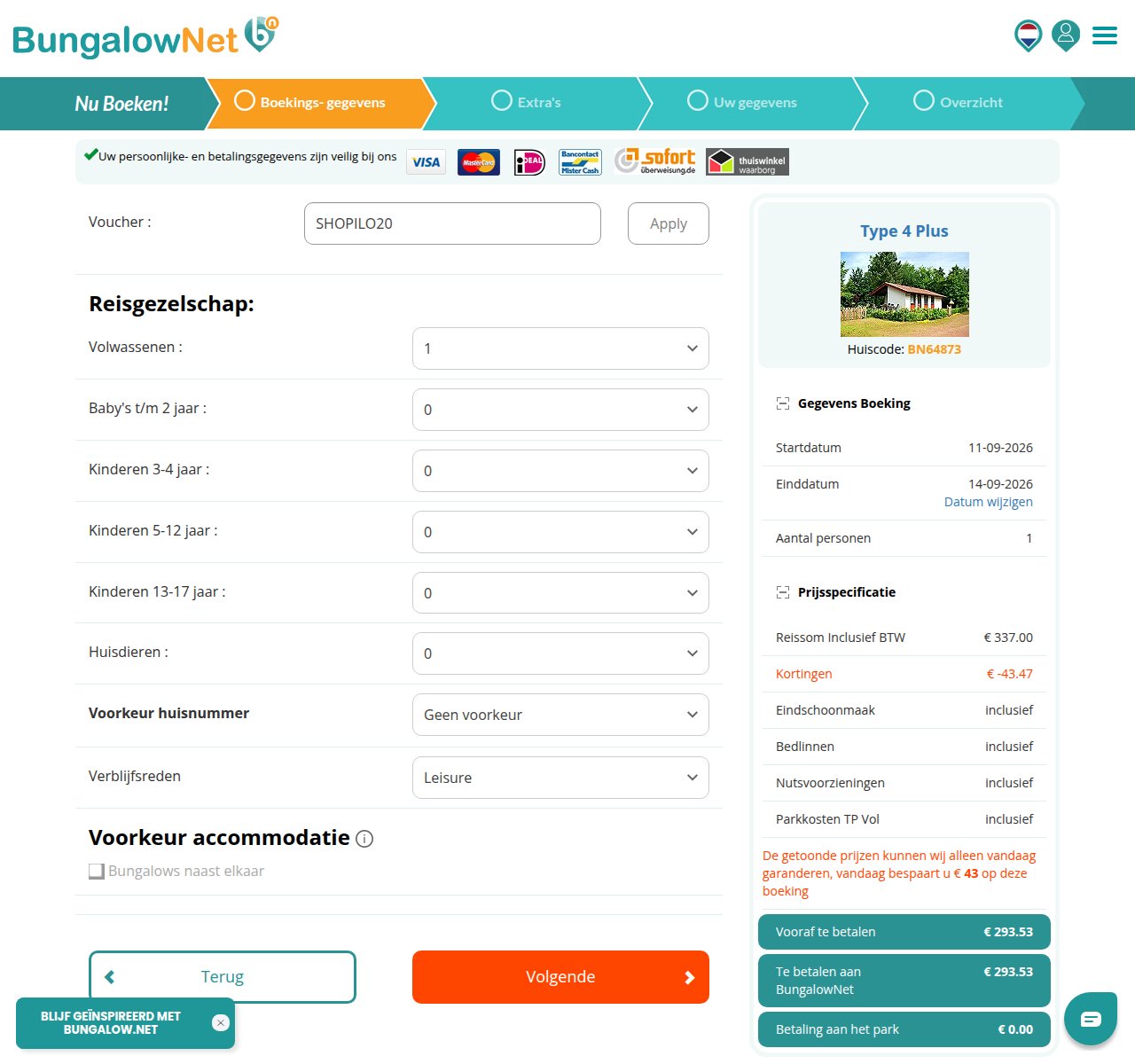 Waar je de kortingscode invoert op de BungalowNet-website