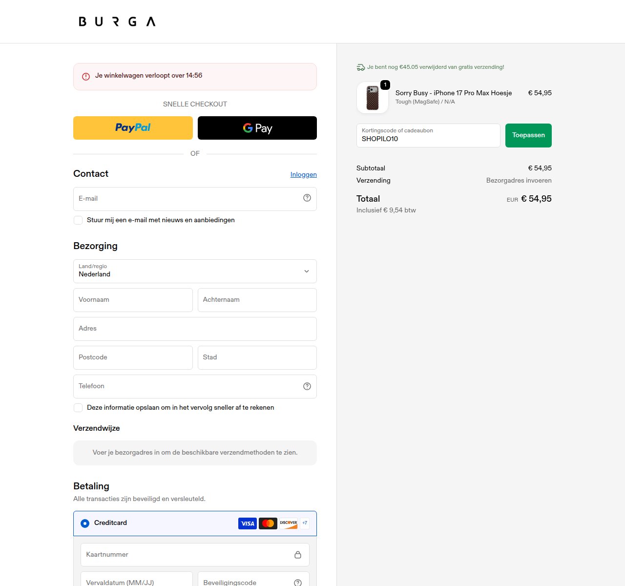 Waar je de kortingscode invoert op de Burga-website