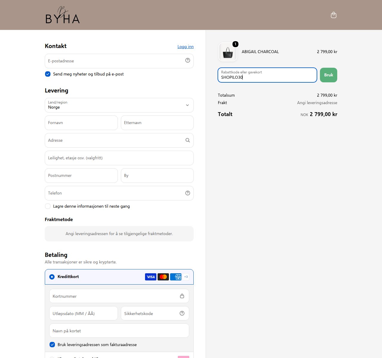 Where to enter the discount code on the Byha website