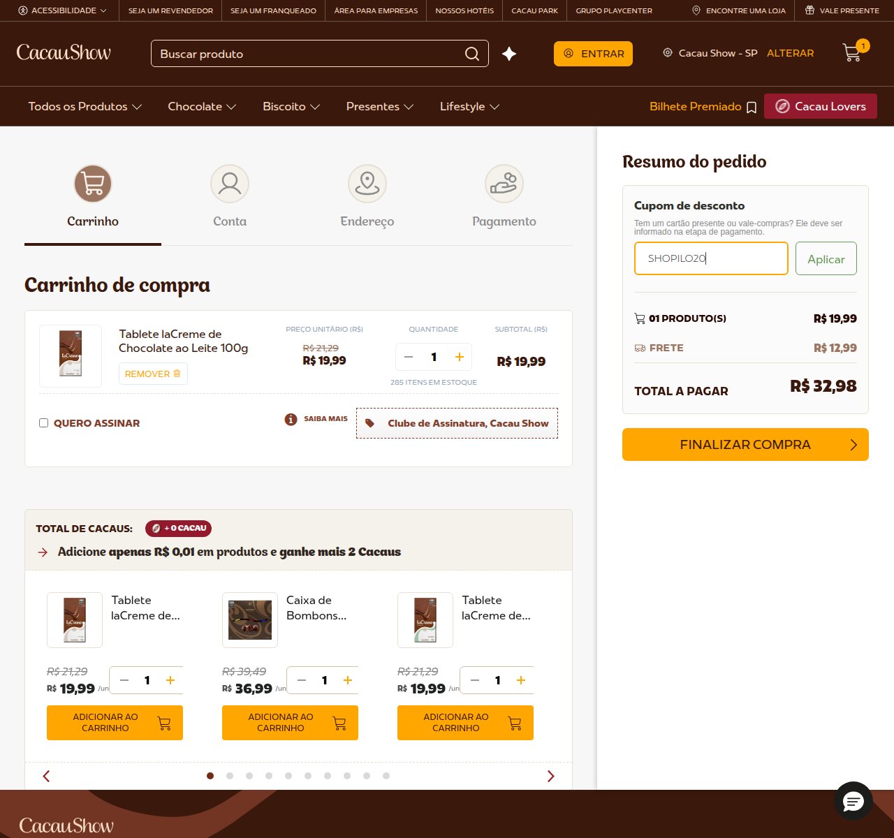 Onde inserir o código de desconto no site da Cacau Show
