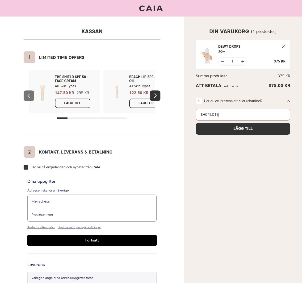 Var du anger rabattkoden på CAIA Cosmeticss webbplats