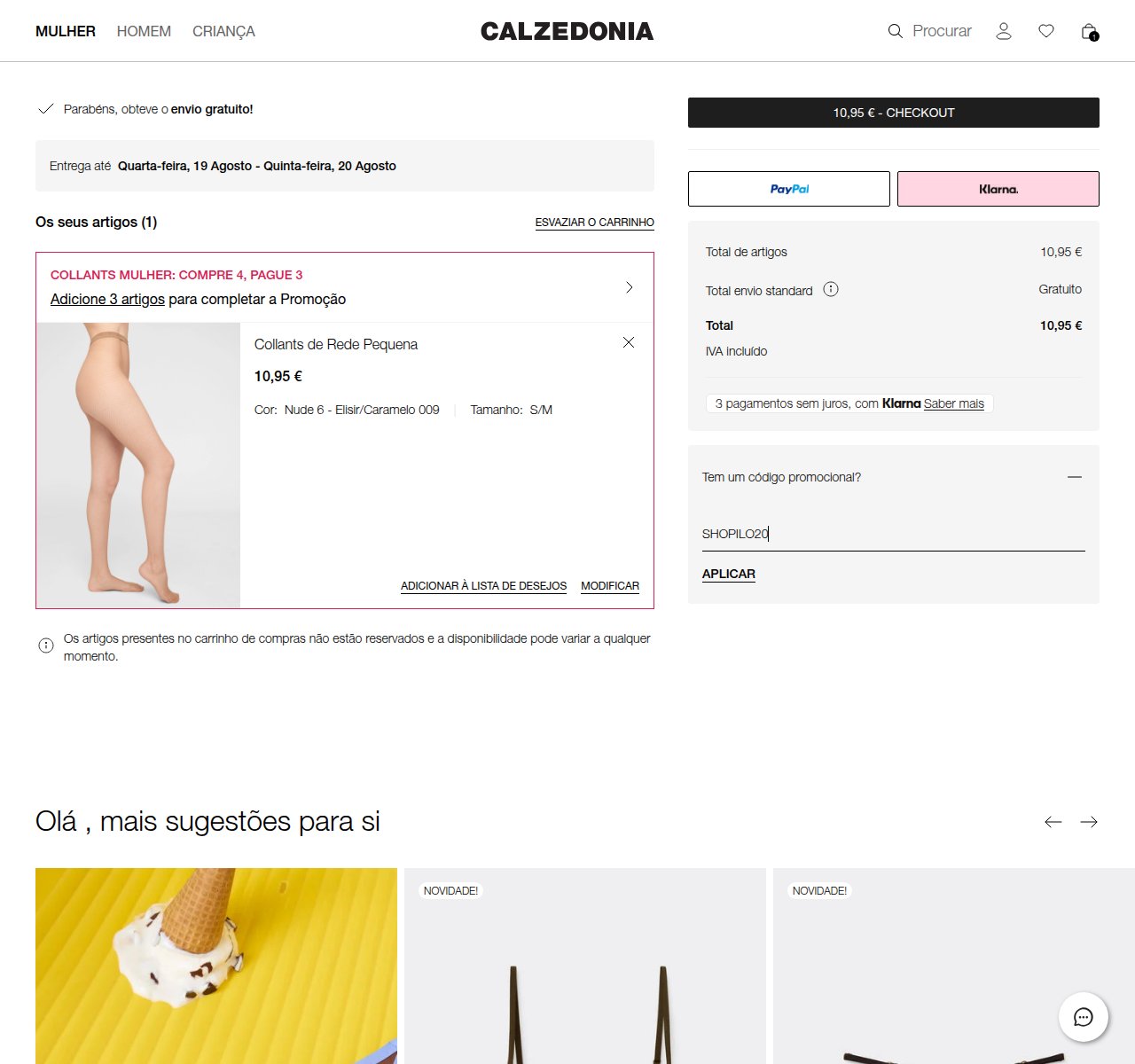 Onde inserir o código de desconto no site da Calzedonia