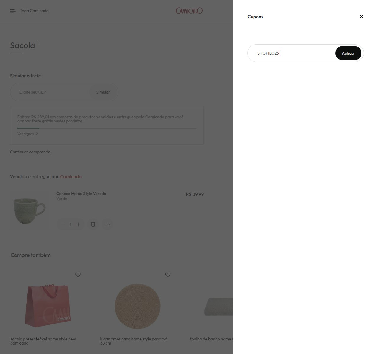Onde inserir o código de desconto no site da Camicado
