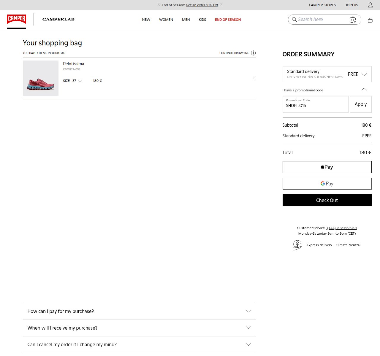 Where to enter the discount code on the Camper Shoes website