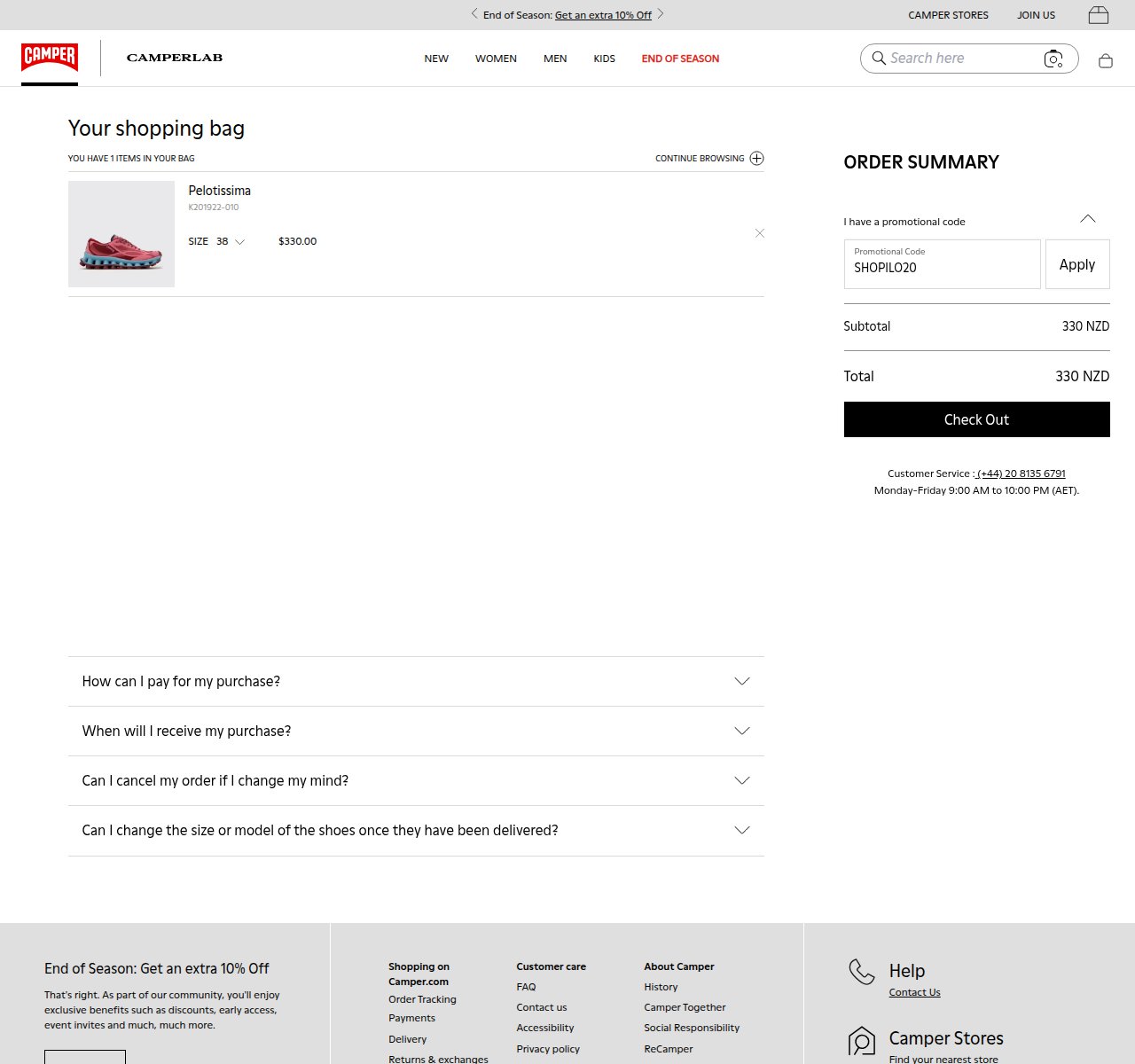 Where to enter the discount code on the Camper website