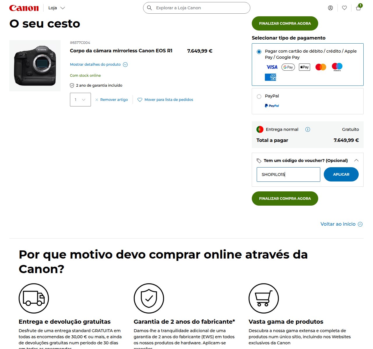 Onde inserir o código de desconto no site da Canon