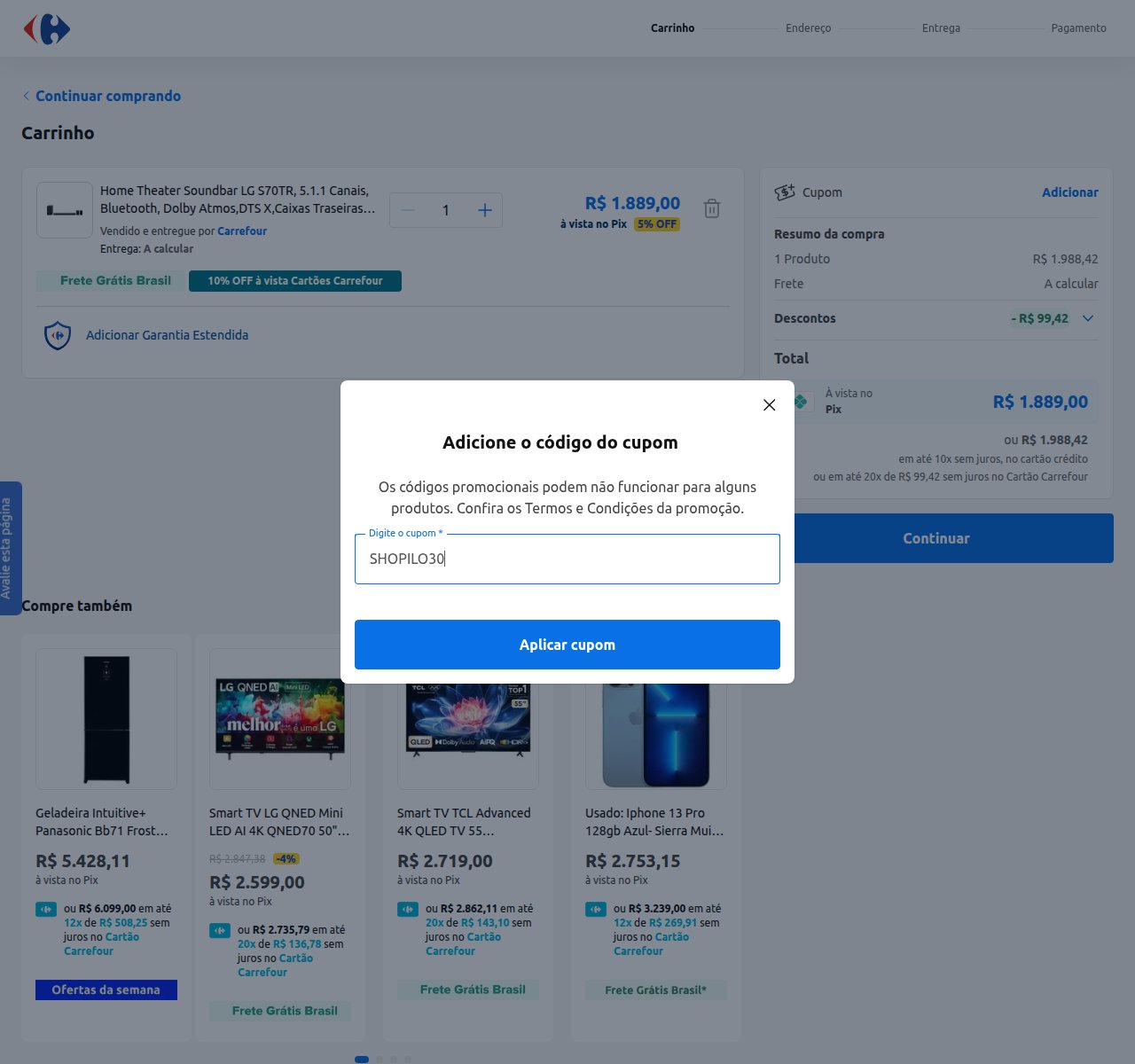 Onde inserir o código de desconto no site da Carrefour