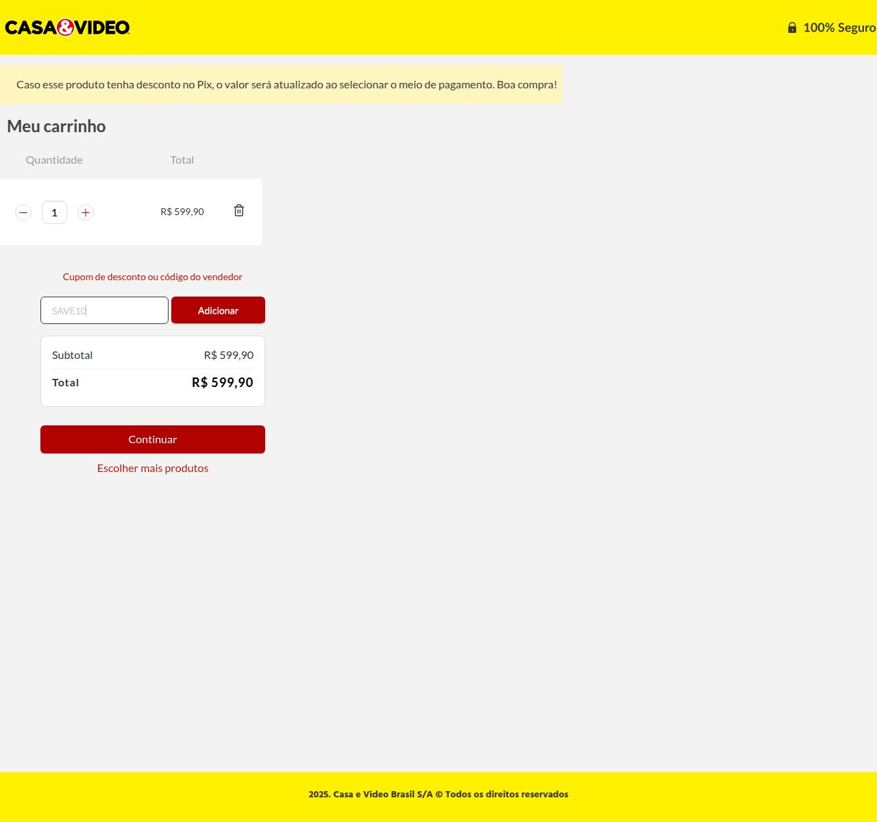 Onde inserir o código de desconto no site da Casa & Video