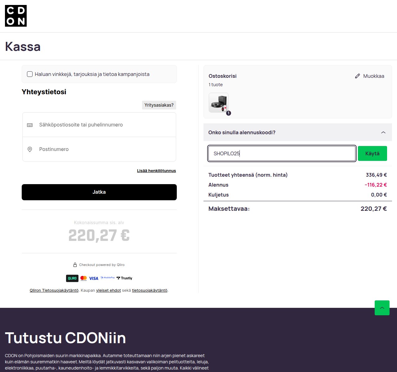 Mihin alennuskoodi syötetään CDON-sivustolla