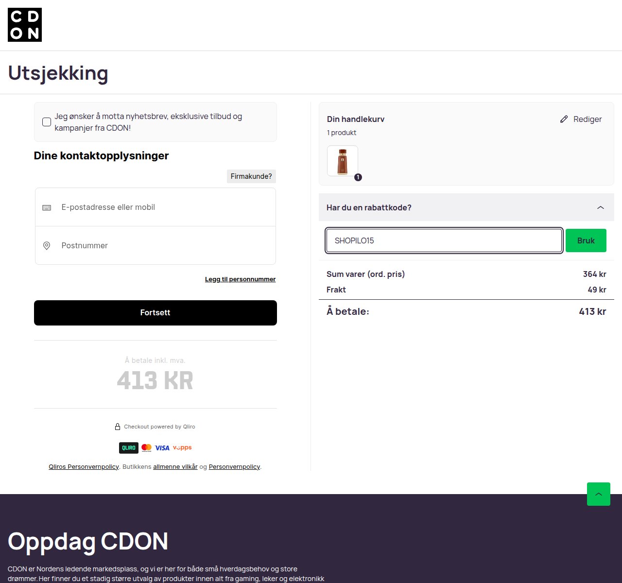 Where to enter the discount code on the CDON website