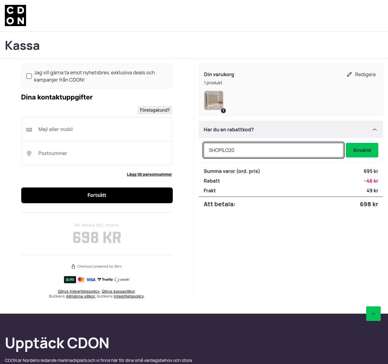Var du anger rabattkoden på CDONs webbplats