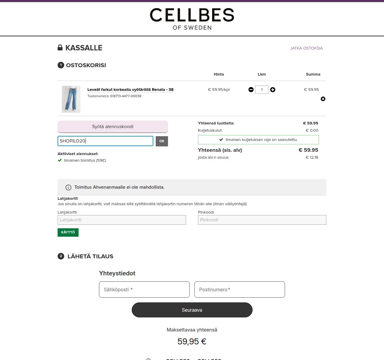 Mihin alennuskoodi syötetään Cellbes-sivustolla