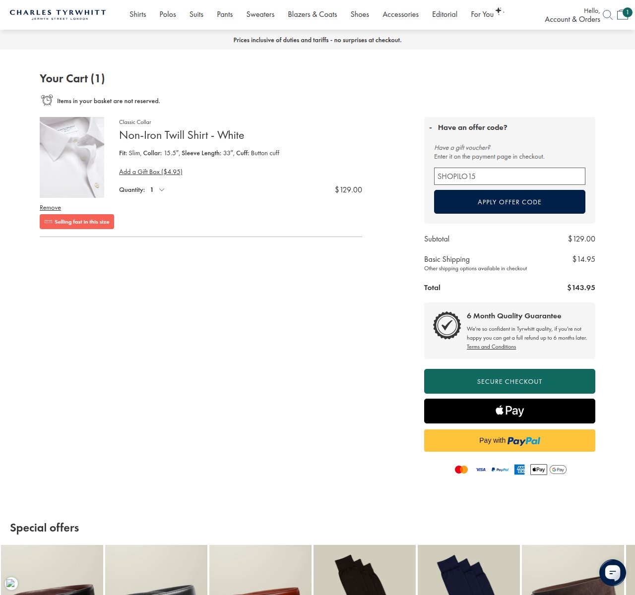 Where to enter the discount code on the Charles Tyrwhitt website