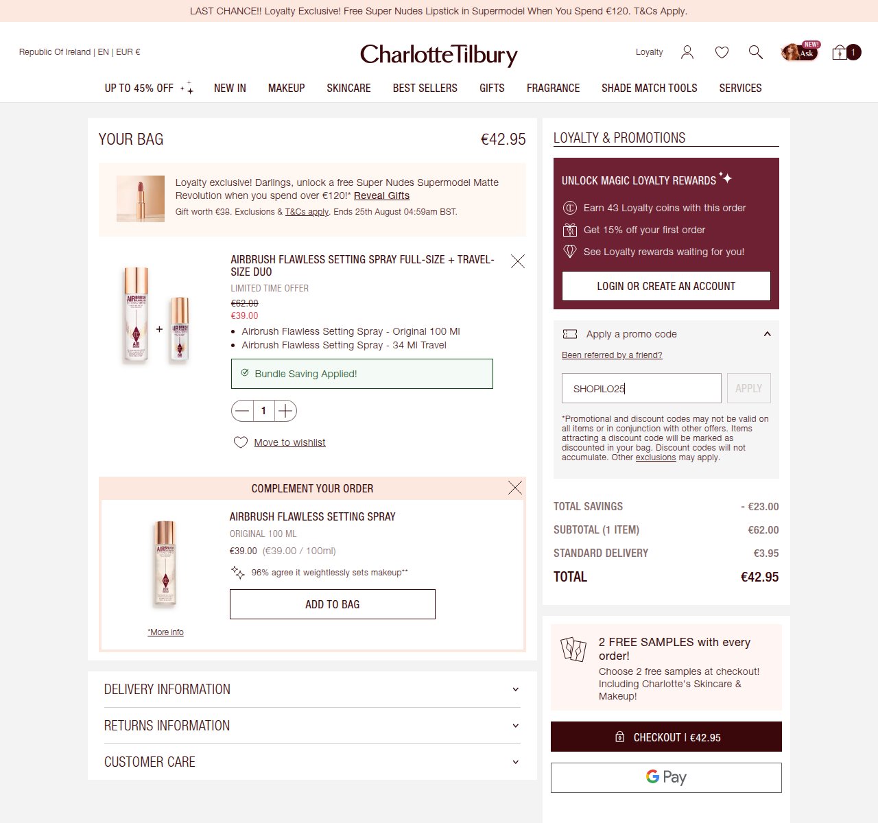 Where to enter the discount code on the Charlotte Tilbury website