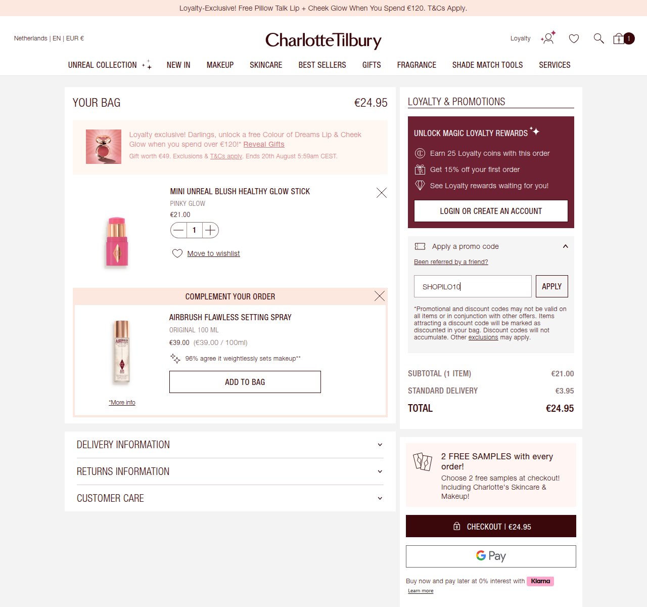 Waar je de kortingscode invoert op de Charlotte Tilbury-website