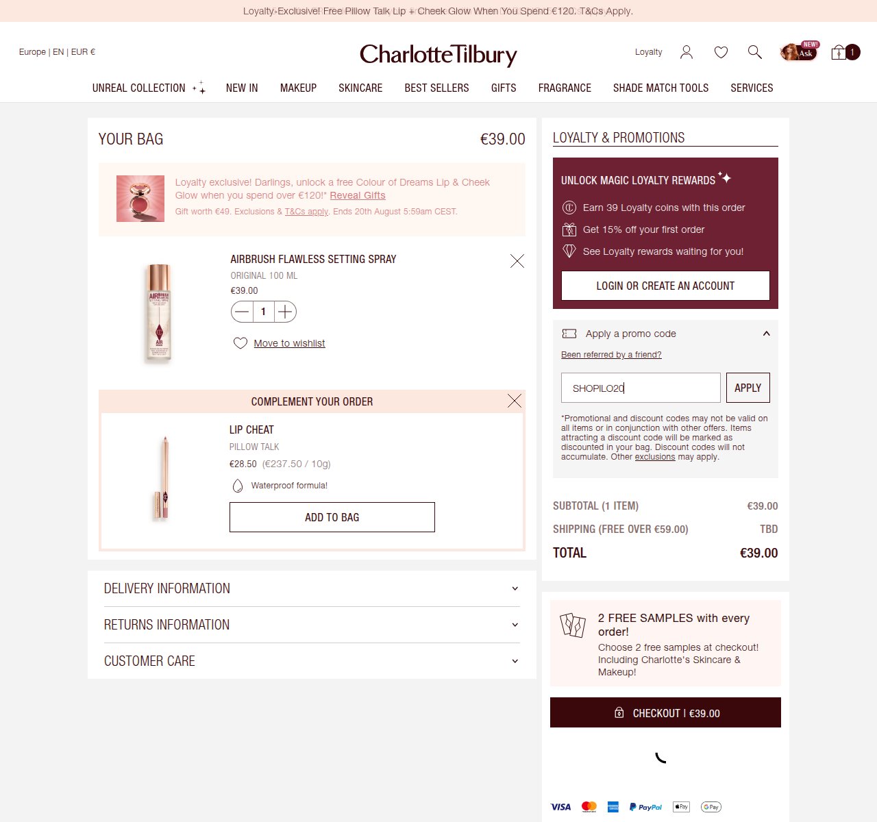 Where to enter the discount code on the Charlotte Tilbury website