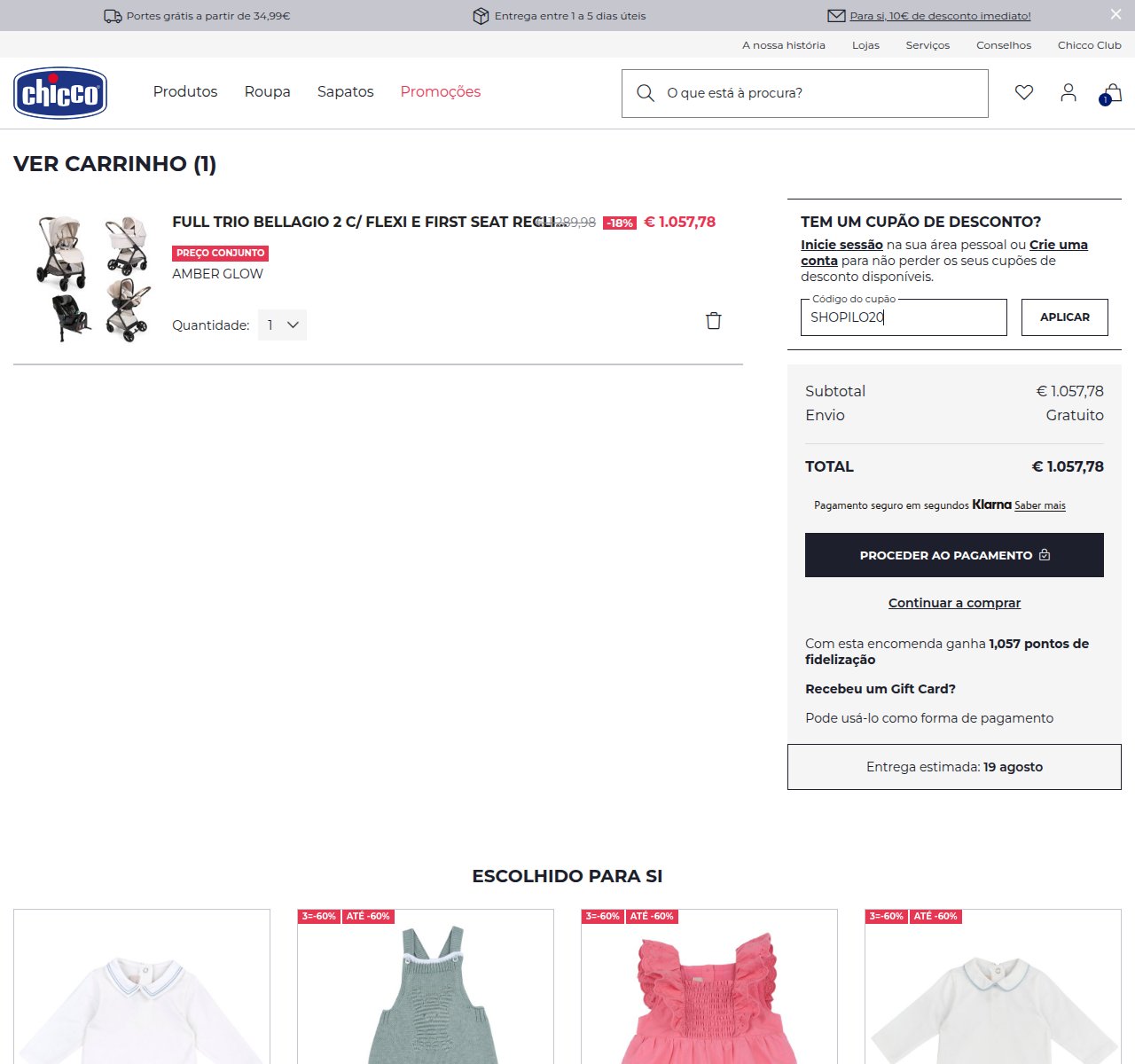 Onde inserir o código de desconto no site da Chicco