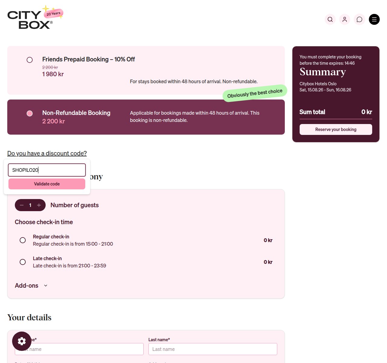 Where to enter the discount code on the Citybox website