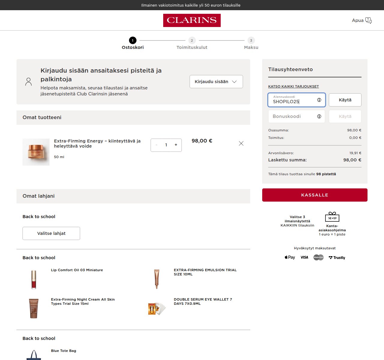 Mihin alennuskoodi syötetään Clarins-sivustolla