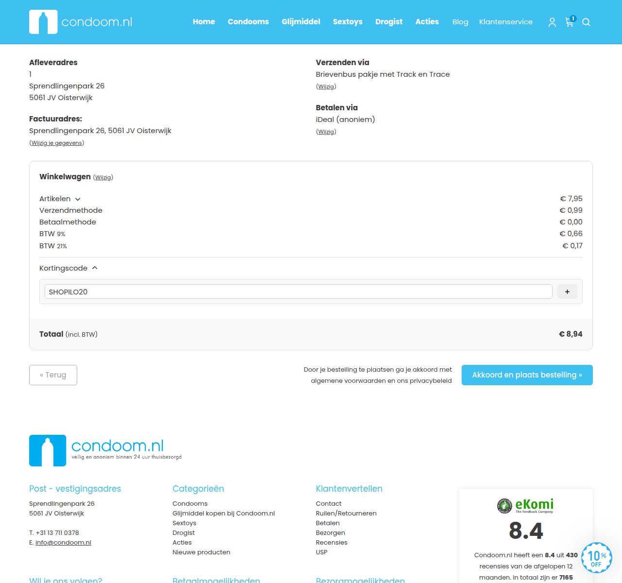 Waar je de kortingscode invoert op de Condoom-website