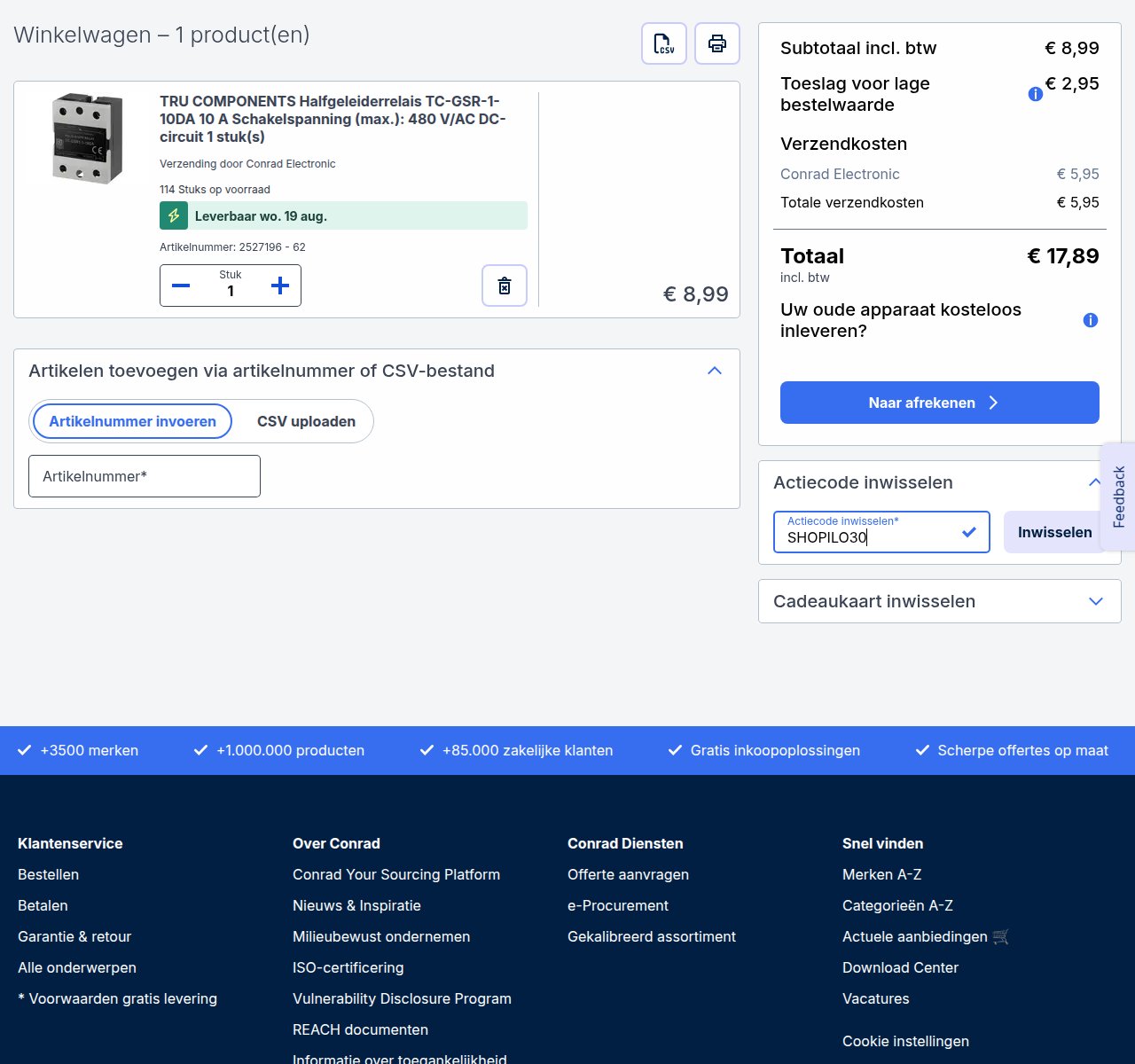 Waar je de kortingscode invoert op de Conrad-website