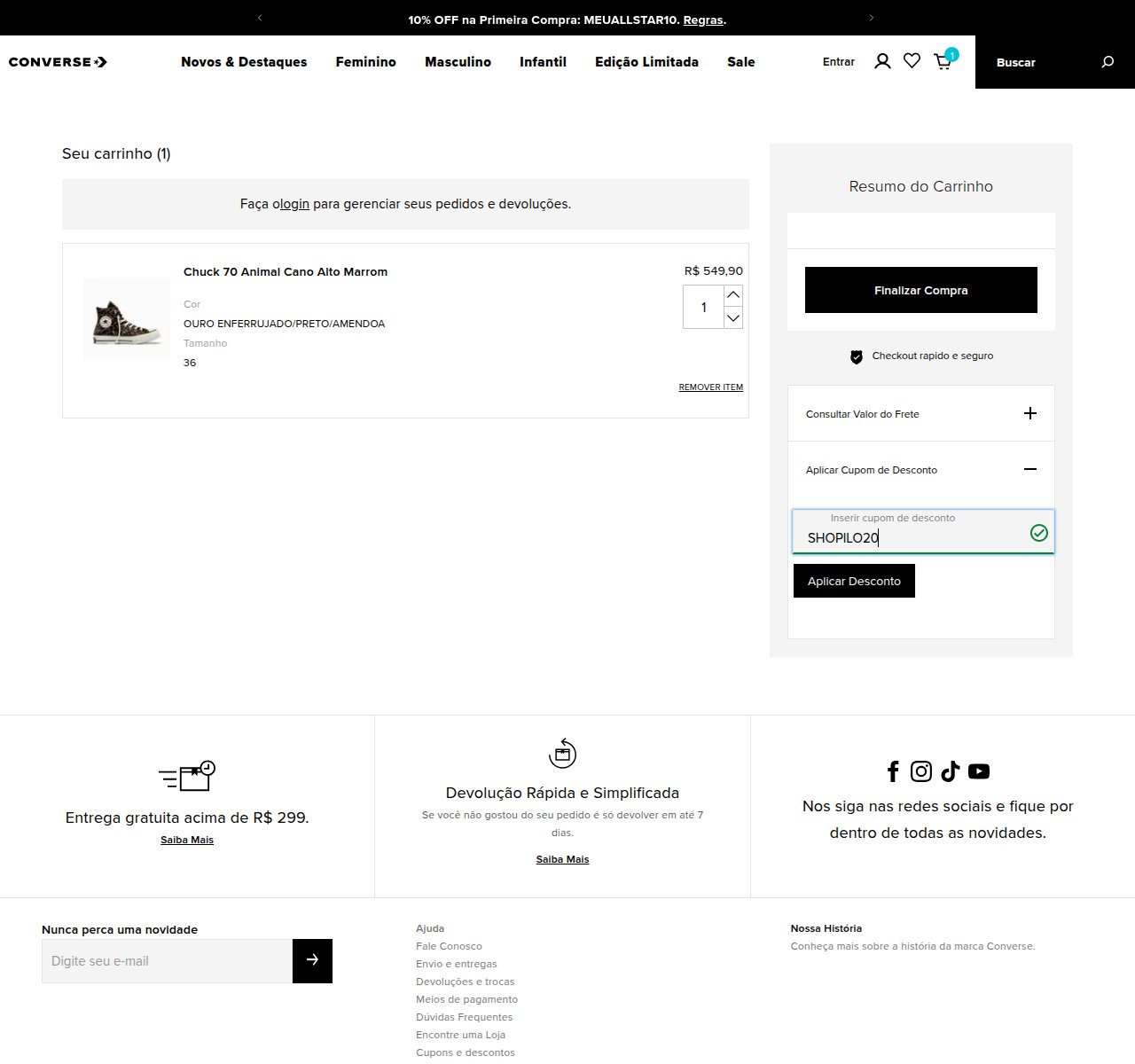Onde inserir o código de desconto no site da Converse