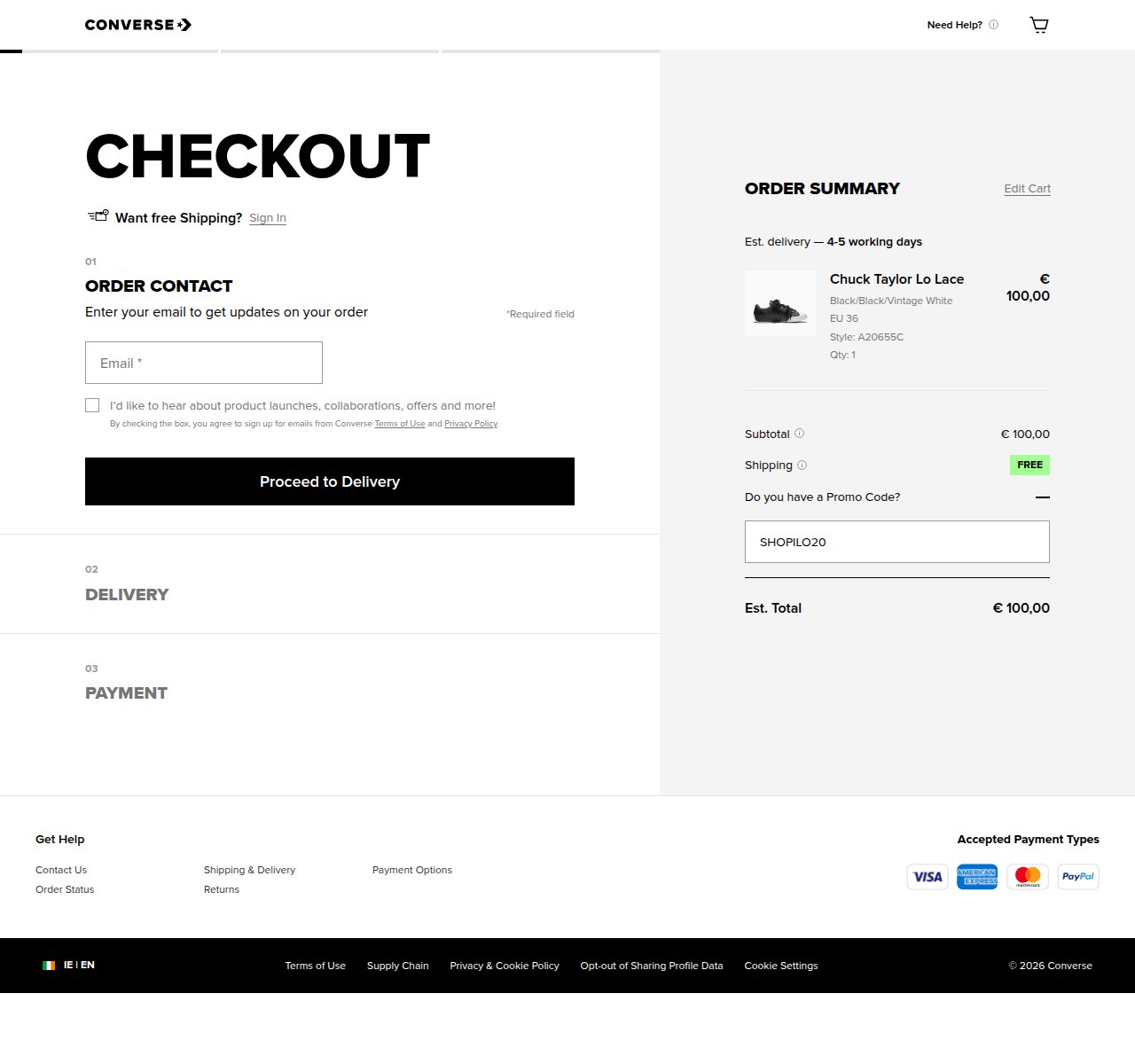 Where to enter the discount code on the Converse website