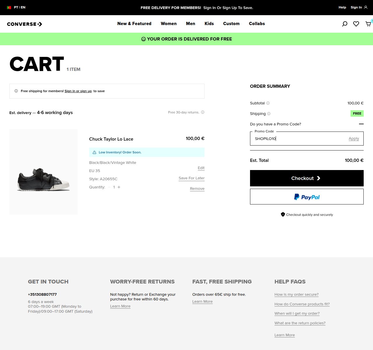 Onde inserir o código de desconto no site da Converse