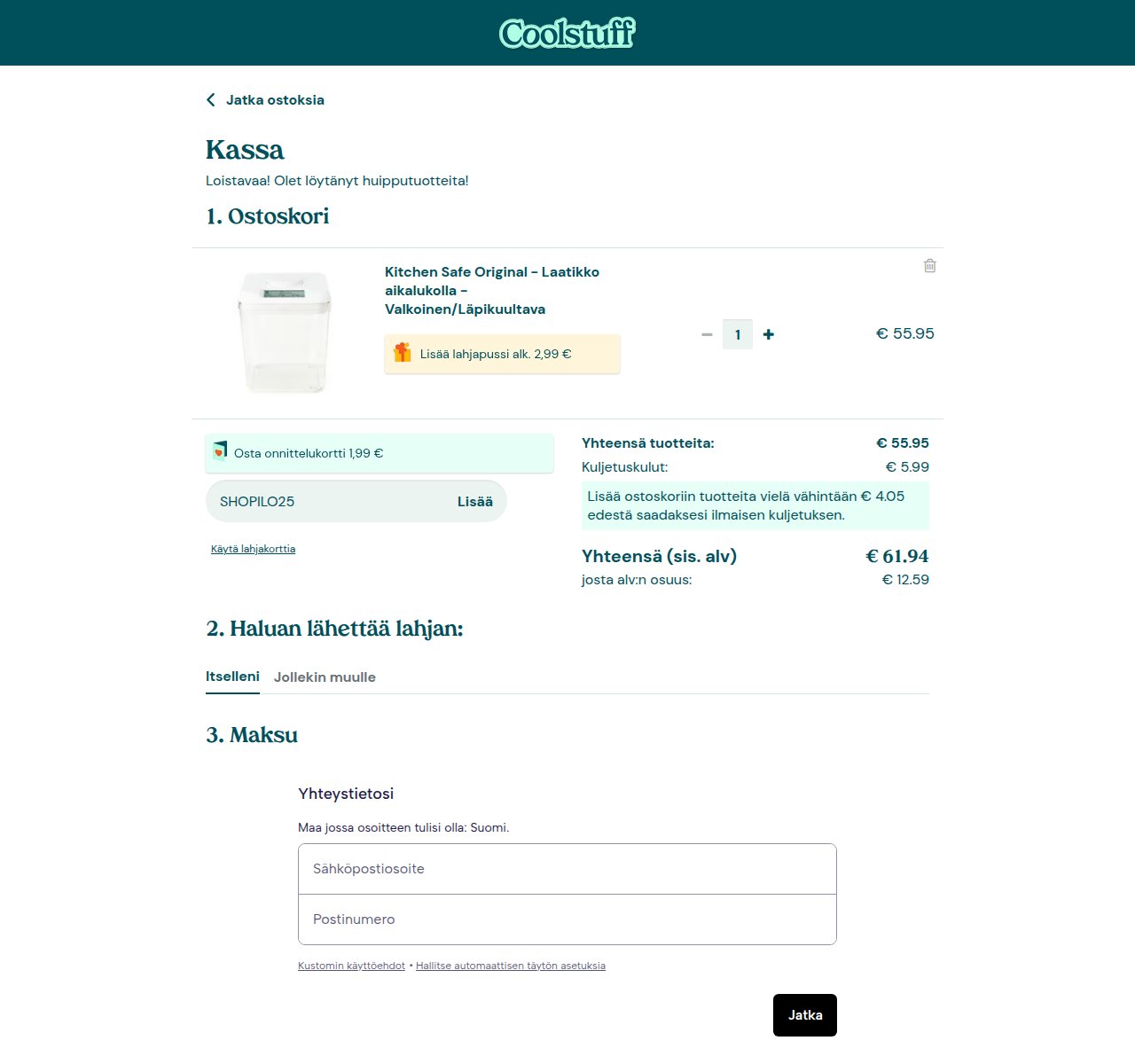 Mihin alennuskoodi syötetään Coolstuff-sivustolla