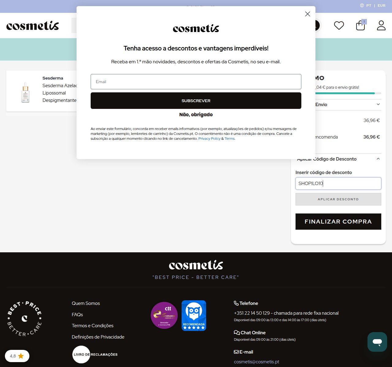 Onde inserir o código de desconto no site da Cosmetis