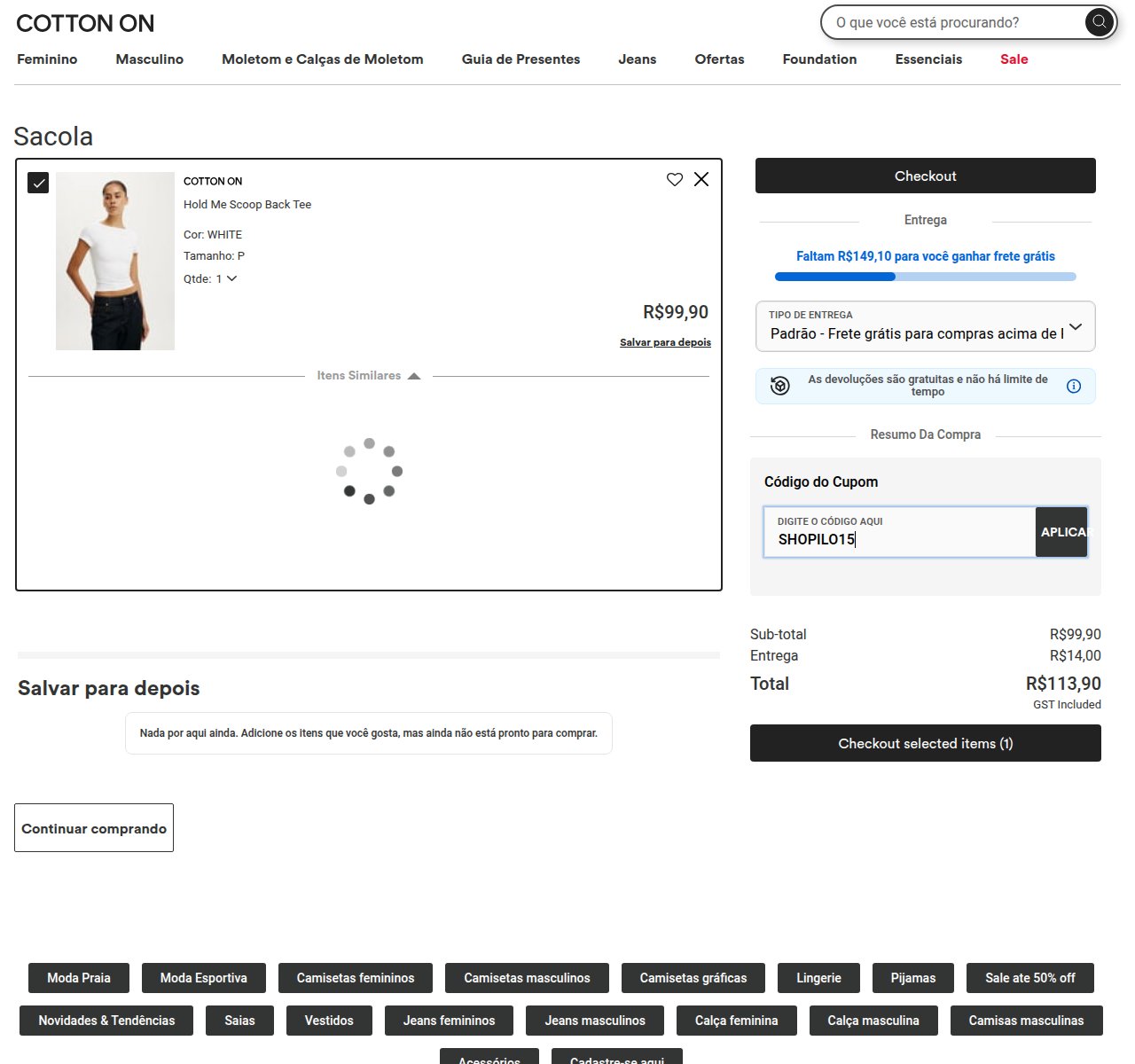 Onde inserir o código de desconto no site da Cotton On
