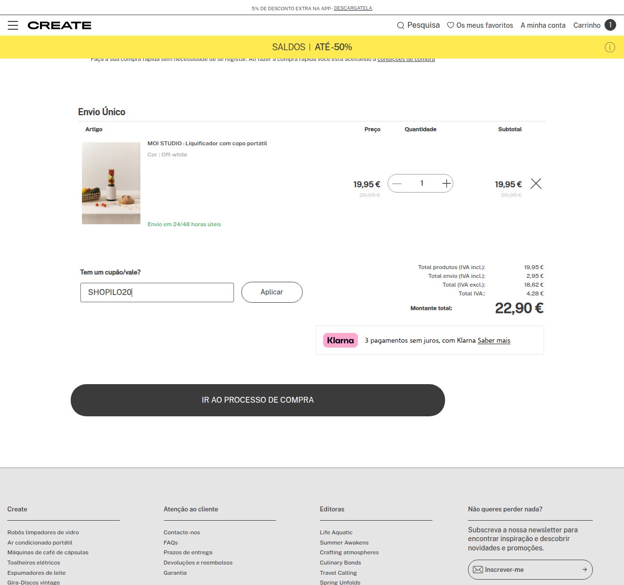 Onde inserir o código de desconto no site da Create Store