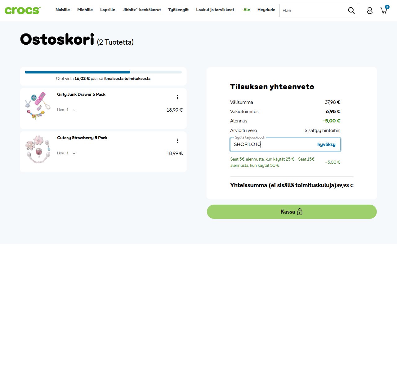 Mihin alennuskoodi syötetään Crocs-sivustolla