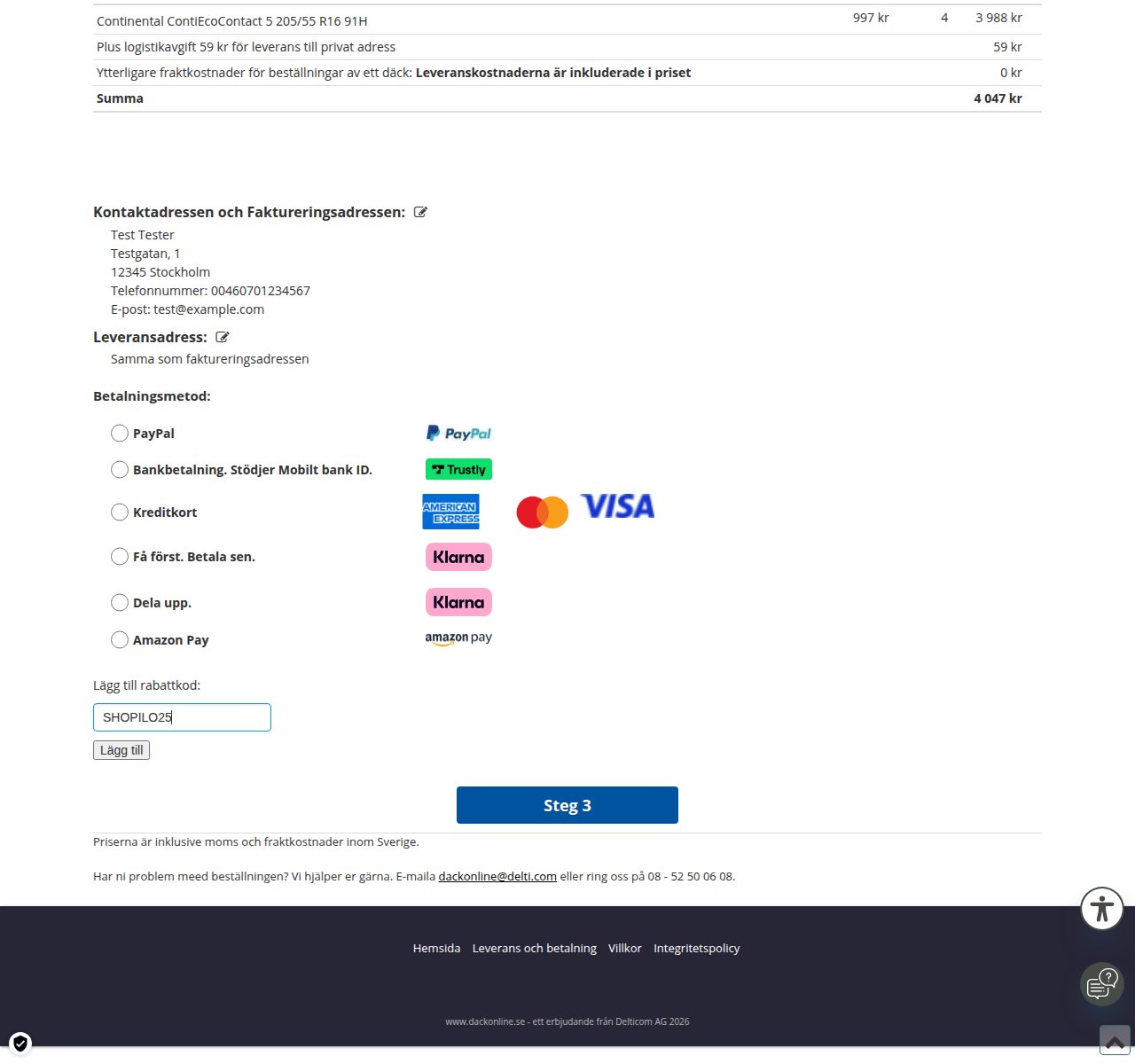 Var du anger rabattkoden på Däckonlines webbplats